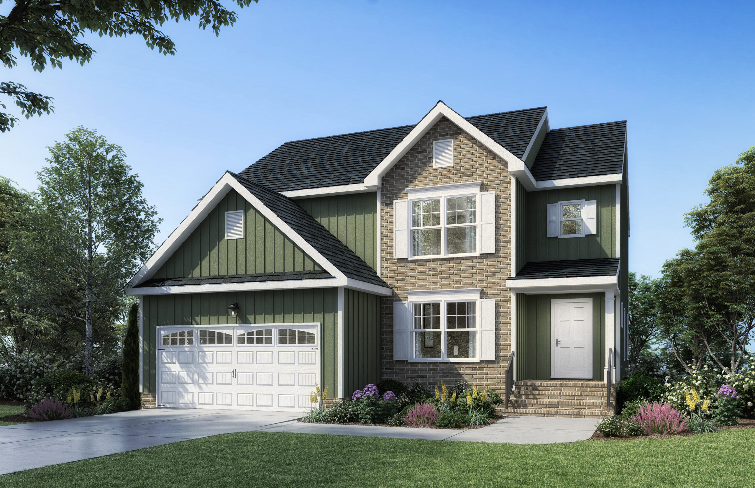 Aspen home plan built by Boyd Homes two story house with stone accent front.